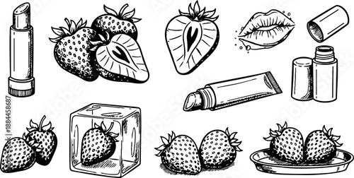 Tattoo flash close up hand drawn strawberry slices whole berries lipstick and lip balm arranged on white background monochrome sketch vector