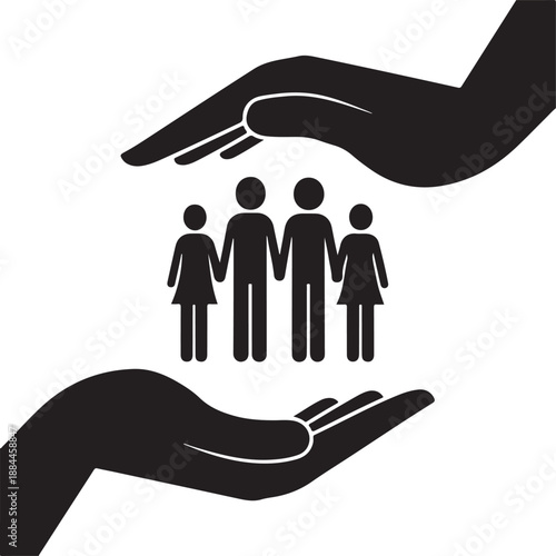 A graphic depiction showcases two dark hands gently cradling a small family silhouette emphasizing protection care and support concepts in a minimalist style