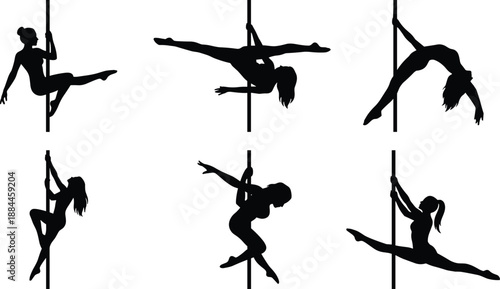Pole dance silhouettes showing female dancers performing acrobatic poses on vertical poles, fitness strength and flexibility workout, black vector illustration isolated on white background