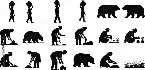 Rural life silhouette collection featuring villagers farming gardening and carrying water with bears and nature scenes, black vector icons set for culture, agriculture, wildlife, and design projects