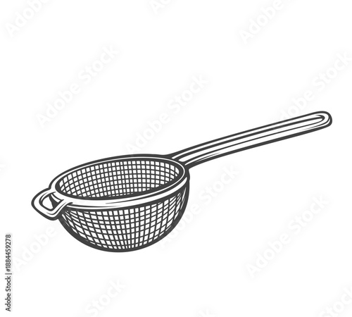 Wire mesh kitchen strainer with long handle, classic metal sieve for draining and sifting food, vintage engraved style, monochrome outline line art, detailed culinary utensil. Vector illustration