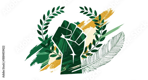 Empowered Woman Fist with Laurel Wreath and Eagle Feather in Grunge Artistic Style