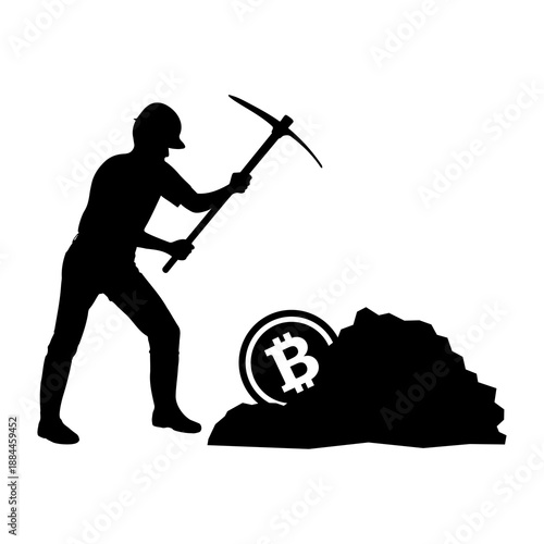 Bitcoin mining icon. Symbol of a man holding pickaxe mining tool. Scalable EPS 10 vector illustration.