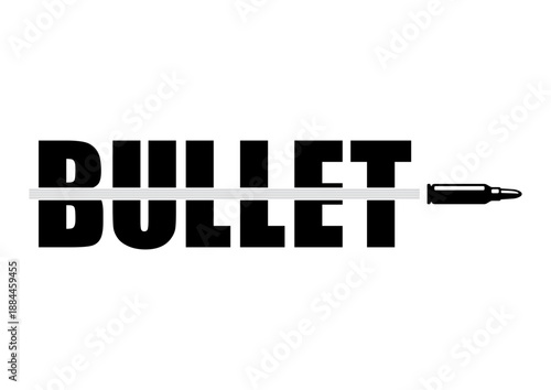 The word bullet divided into two with flying bullet graphic in the middle. Bullet typography logo vector template. Isolated on white background.