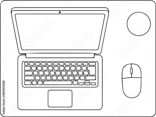 Minimalist Line Art Laptop Setup with Mouse – Remote Work Desk Vector – Digital Nomad, Tech Workspace, Computer Icon Design