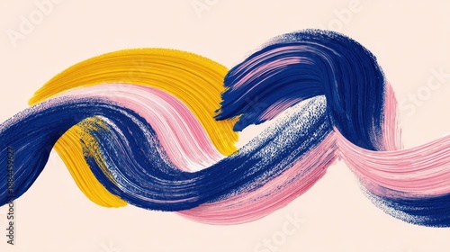 Dynamic, intertwined strokes of blue, yellow, and pink paint flow across a light background.