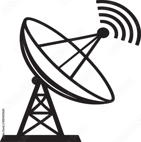 A sleek minimalist illustration depicts a black satellite dish with a curved reflector supported by a sturdy tripod base communicating wirelessly