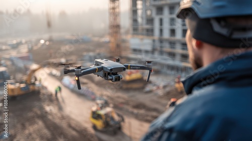 Medium shot of a drone operator controlling a UAV flying over a construction site to detect hazardous materials and provide instant risk feedback