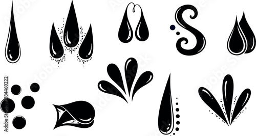 Minimalist black ink splash vector icon set of varied droplet shapes and splashes in flat design high contrast collection
