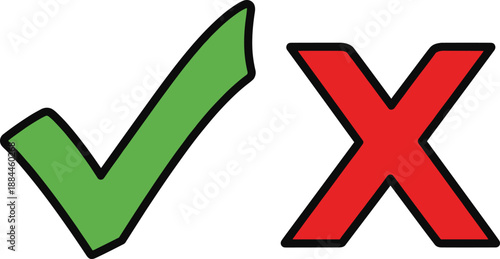 Green check mark and red cross icon illustrating correct and incorrect choices approval rejection and decision making concept in bold flat vector style