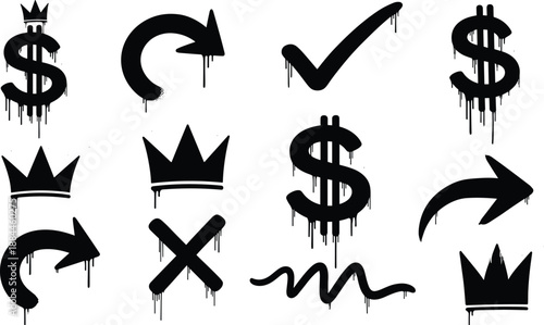 Graffiti style icon set featuring dripping dollar symbols arrows crowns and check marks for urban street art and edgy graphic design