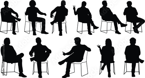 Seated people silhouette collection showing casual poses and gestures for interviews conversations presentations and social interaction scenes in clean black vector style