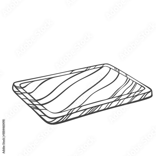 Vintage wooden cutting board, classic kitchen utensil with engraved texture and traditional shape. Monochrome outline engraving style, clean linework, isolated object. vector illustration