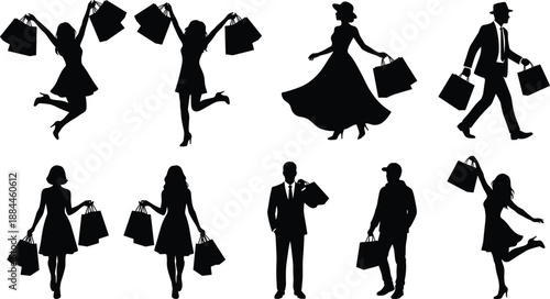 Shopping people silhouettes collection showing men and women carrying bags, walking and jumping poses, black consumer lifestyle vector illustration isolated on white background