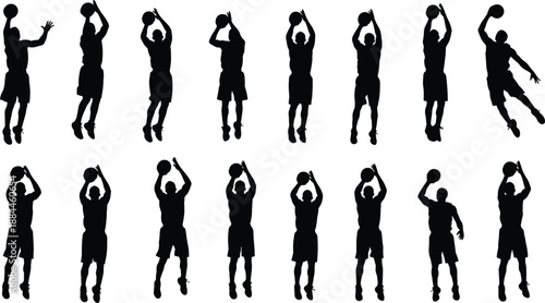 Basketball player silhouette set showing jumping, shooting, and ball handling actions, dynamic sports motion poses, black athlete figures isolated on white background vector illustration