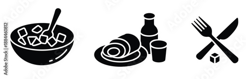 Healthy food vector icon set featuring salad symbols, nutrition graphics, fresh vegetables, fruits, balanced diet icons, suitable for wellness, health apps, restaurant menus, and vector illustration 