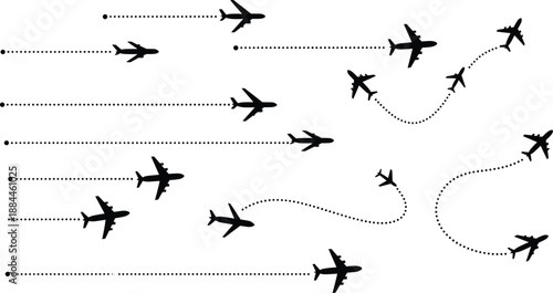 Black airplanes flying in various directions with dotted trails on white background silhouettes