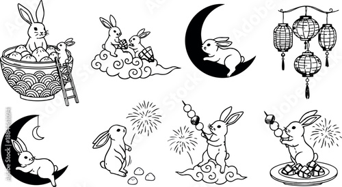 Line art whimsical moon rabbit scenes preparing mooncakes and lanterns with fireworks on crescent moon vector icon set close up playful
