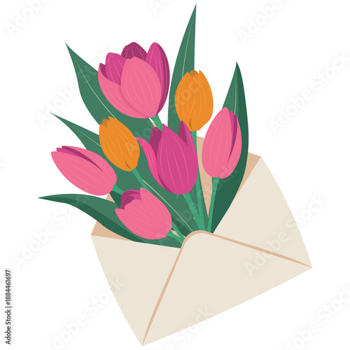 A bouquet of spring tulips in an envelope. A stylish option for congratulations.