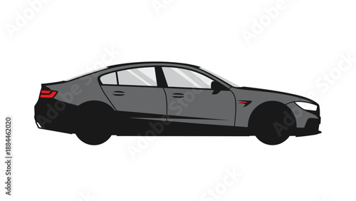 Side view illustration of a modern electric sedan car in black and gray colors.