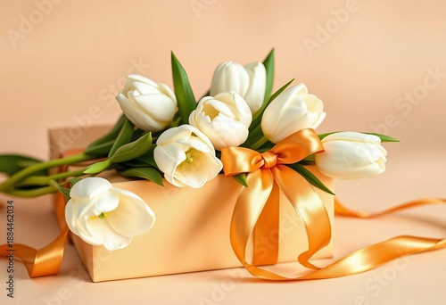 Elegant gift box, white tulips, beige background, luxury ribbon,   occasion,  present