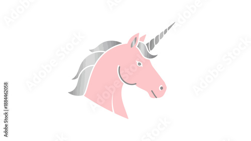 Illustration of a pink unicorn head with a silver mane and horn.