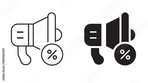 Two megaphone icons with percent symbols outline and fill on transparent background silhouette