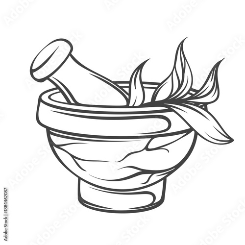 Mortar and pestle with herb leaves, kitchen grinding tool, spice preparation symbol, vintage engraved outline style, monochrome isolated element. Vector illustration