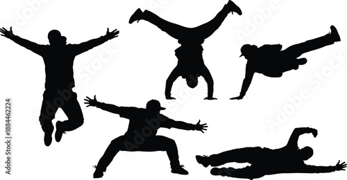 Breakdance dancer silhouettes set performing hip hop moves, flips and freestyle street dance poses for urban culture, music performance and dynamic movement concepts