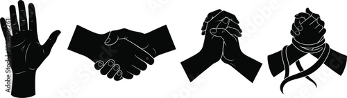 Black and white of hands in various gestures palm handshake prayer clasped