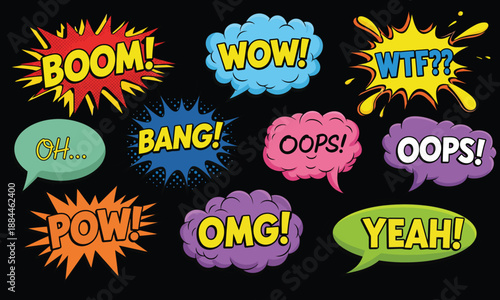 Colorful Pop Art Comic Speech Bubble Set on Black. Collection of Cartoon Sound Effects and Slang Phrases like Boom, Wow, Bang, and WTF. Flat Vector Illustration.