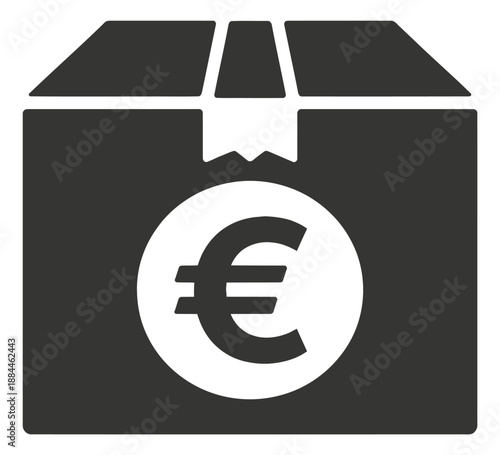 Flat graphic illustration of a cardboard box with a euro symbol depicting financial delivery for e-commerce and shipping services