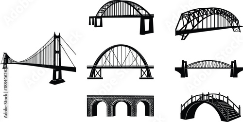 Bridge silhouettes collection showing suspension, arch, truss and pedestrian bridges for transportation infrastructure, civil engineering design and architectural construction concepts illustration