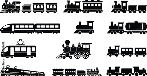 Train silhouette collection featuring steam locomotives modern railcars and subway trains, black vector transportation icons set for railway, travel, logistics, history, and design projects