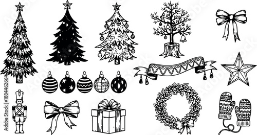 Hand drawn line art christmas icon set with decorated pine trees wreath gifts ornaments and mittens in black ink sketch