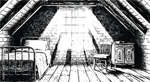 Atmospheric attic bedroom with sunlight streaming through a dormer window