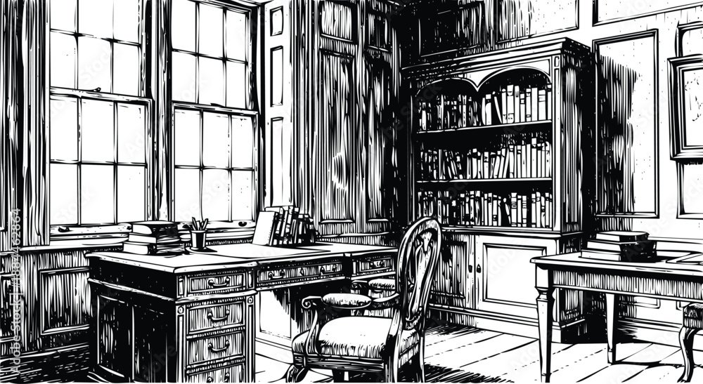 Fototapeta premium Vintage library or study room interior with large windows and wooden desk, black and white sketch