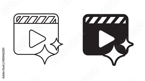 Two film reel icons with play button outline and filled on transparent background silhouette