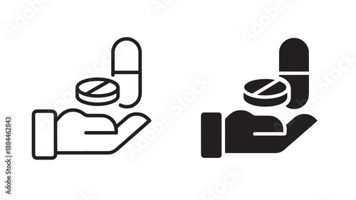 Hands offering medication pill and capsule outline on transparent background silhouette