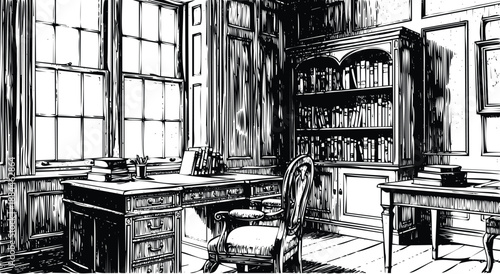 Vintage library or study room interior with large windows and wooden desk, black and white sketch