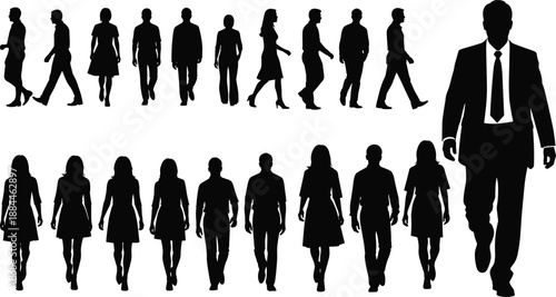 Business people silhouettes collection with walking men and women isolated on white background professional crowd concept vector illustration set for corporate design use