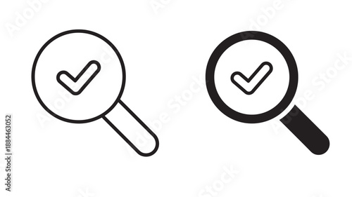 Two magnifying glasses with checkmark symbols line and filled on transparent background silhouette