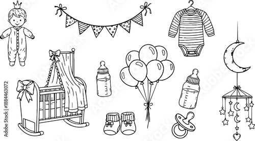 Hand drawn line art nursery elements set with crib rocking cradle bottles balloons pacifier booties onesie moon mobile bunting crown doll
