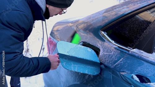 A man clears ice from his car.