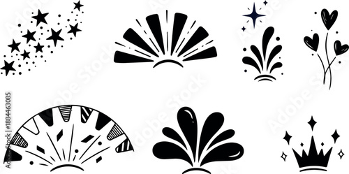 Whimsical doodle vector set of decorative starbursts crown hearts splash fan icons hand drawn flat black isolated icons collection