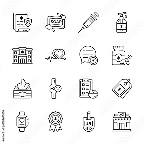 Collection of medical and healthcare outline icons, ready for premium use