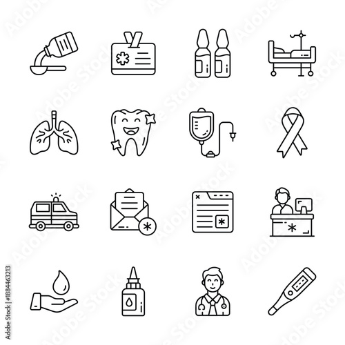 Bundle of medical and healthcare icons in unique outline style