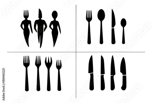 Minimalist silhouette cutlery set featuring forks, spoons, and knives with abstract human forms for dining and restaurant design