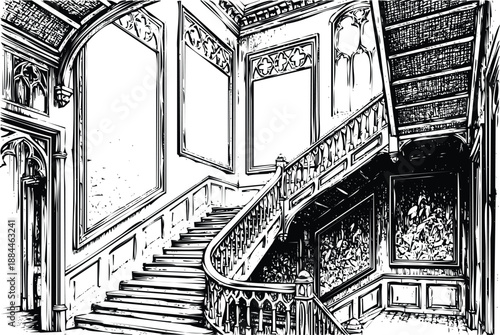 Ornate wooden staircase in a grand, gothic or victorian interior hall