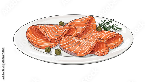 Smoked salmon fillets arranged on a white plate with capers and dill, viewed from above on a clean surface